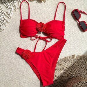 Red Sexy Women's Floral Decor Bikini Set